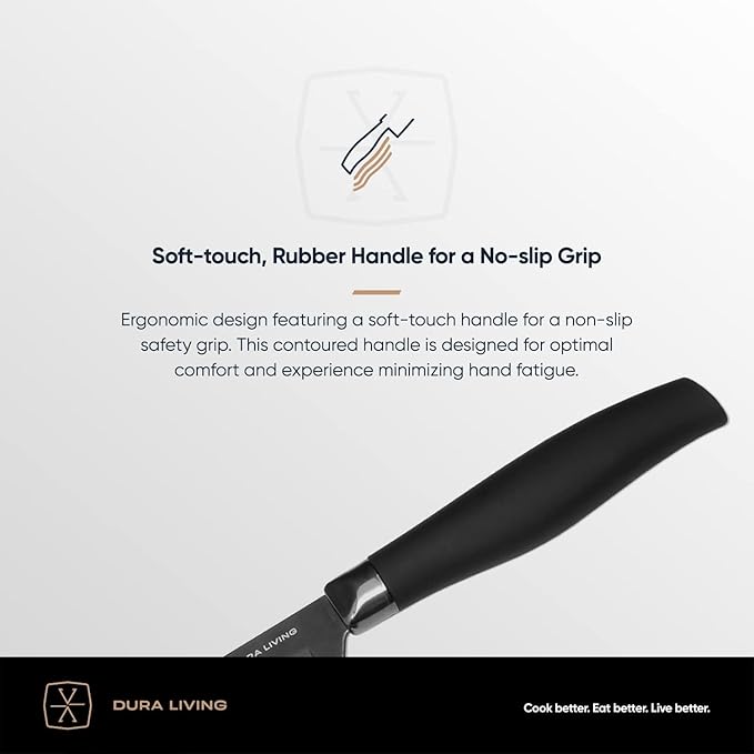 DURA LIVING Steak Knives, Steak Knives Set of 4, Nonstick Titanium High Carbon Stainless Steel Serrated Steak Knife, Soft Grip Handle, With Sheaths, Black Knife Set