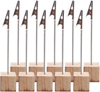 10 Pcs Wood Place Card Holders and 10 Pcs Kraft Place Cards, Photo Holders for Table, Rustic Wood Table Number Holder Stand with Memo Clips for Wedding Party Name Sign