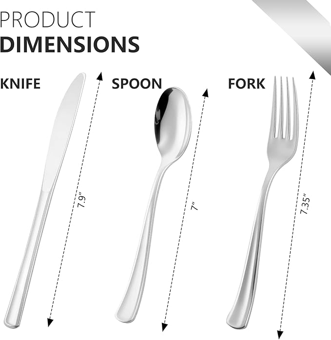 144 Pack Silver Premium Plastic Cutlery Disposable Silverware Set - 48 Forks, 48 Knives, 48 Spoons - For Catering, Parties, Dinners, Weddings, and Everyday Use, Plastic box packaging
