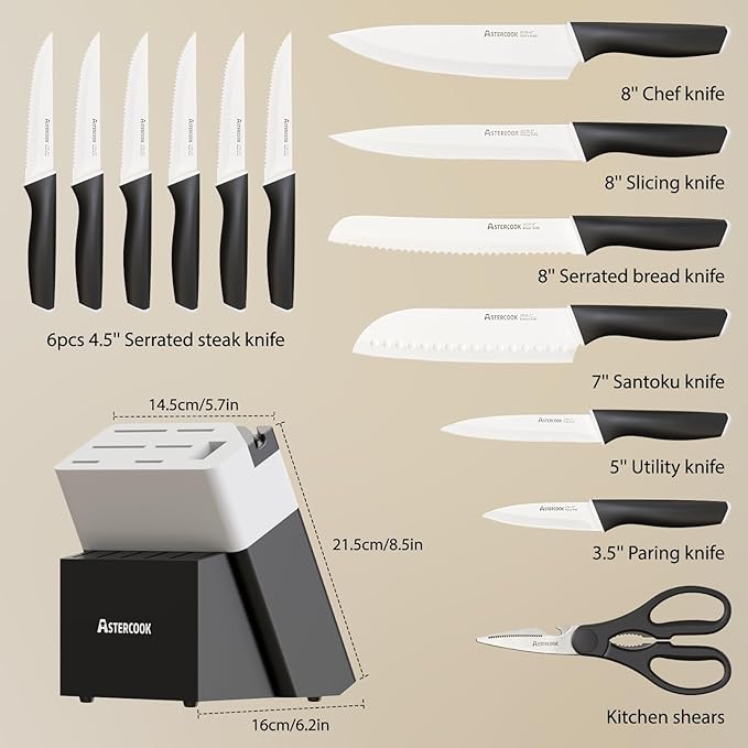 Astercook Knife Set, Kitchen Knives with Block and Sharpener Ceramic Coating 15 Pcs German Stainless Steel Knives Sharp Blade Dishwasher Safe Kitchen Utensils Set with Ergonomic Handle, Elegant Black