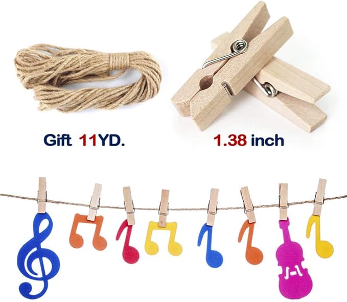 Mini Clothespins, Mini Clothes Pins for Photo, 100 Pack Wooden Small Clothes Pin with 32 FT Jute Twine String, Tiny Decorative Clothespin for Little Baby Shower Photos Clips Pictures Crafts Display