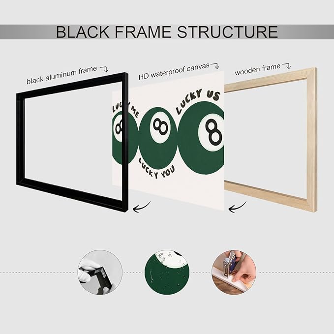 Green 8 Ball Poster, Lucky Me Lucky You Lucky Us Quote Canvas Wall Art, Playful Billiards Balls Picture Print, Retro 8ball Pool Painting for Bar Cart Game Room Man Caves Wall 8x12in Unframed