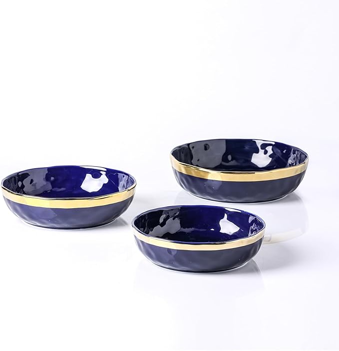 Stone Lain Florian Porcelain 3-Piece Round Shallow Bowl Service Set, Black with Gold Rim