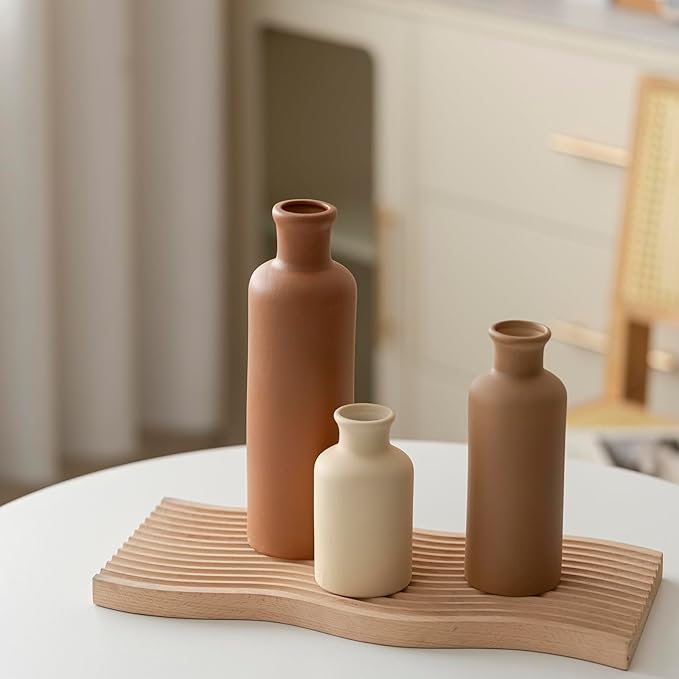 Modern Ceramic Vase Set of 3, Neutral Colors, Decorative Bottles for Home, Earth Tone Farmhouse Rustic Decor (Coffee Mix)
