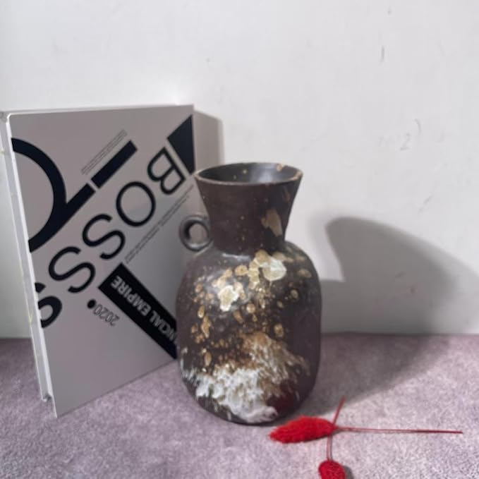 Rustic Pottery Ceramic Vase - Vintage Farmhouse Style Decor, White Grid Ceramic Vases for Home Decor, Modern Farmhouse Decor (Black white)