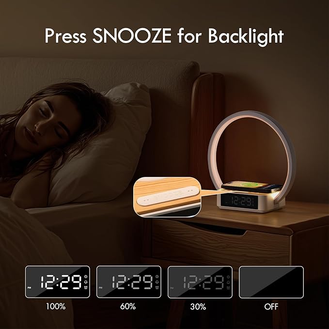 WILIT Bedside Lamp with Alarm Clock,Touch Lamp with Wireless Charger,Nightlight for Bedroom,Sunrise Wake-up Light,3-Grade Dimmable,Birthday Gifts for Her,Women,Men,Mom,Daughter,Girlfriend(Wood Grain)