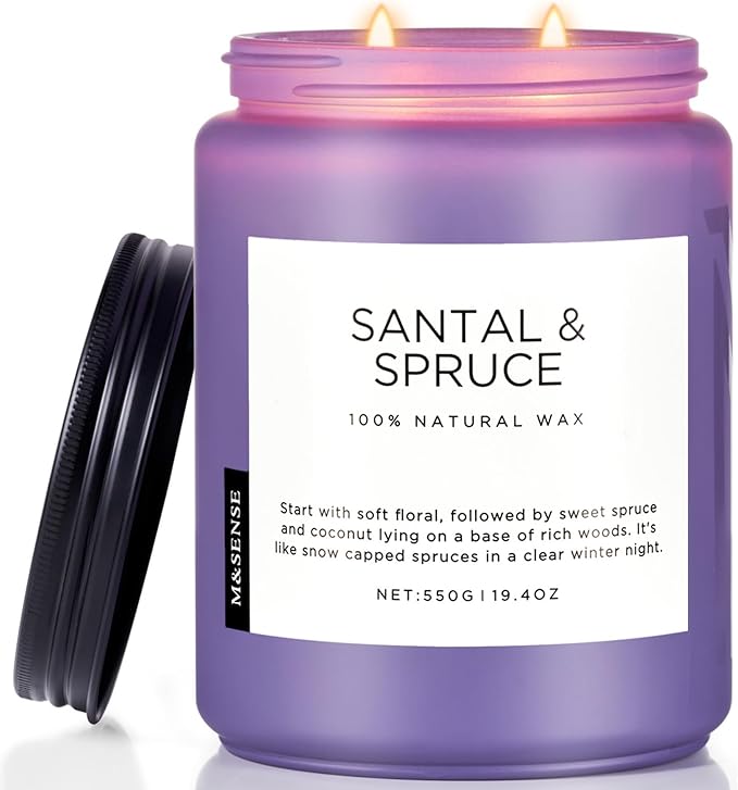 M&SENSE Santal Spruce Christmas Coconut Soy Candles for Home Scented, 19.4oz 110 Hour Slow Burning Large Candle Gift for Stress Relief, Meditation, Relaxing SPA, Best Smelling Christmas Gifts