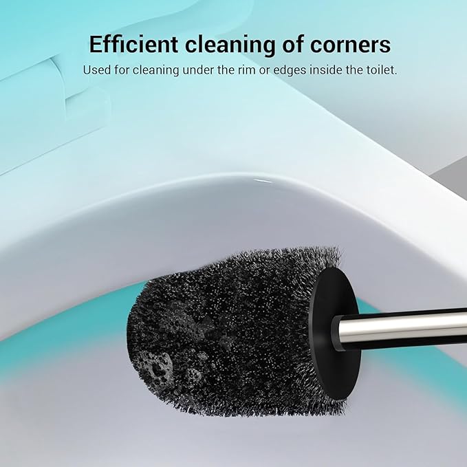 Compact Size Toilet Brush & Holder, 2 Pack, Stainless Steel Handle, Space Saving for Storage, Drip-Proof, Easy to Assemble, Black
