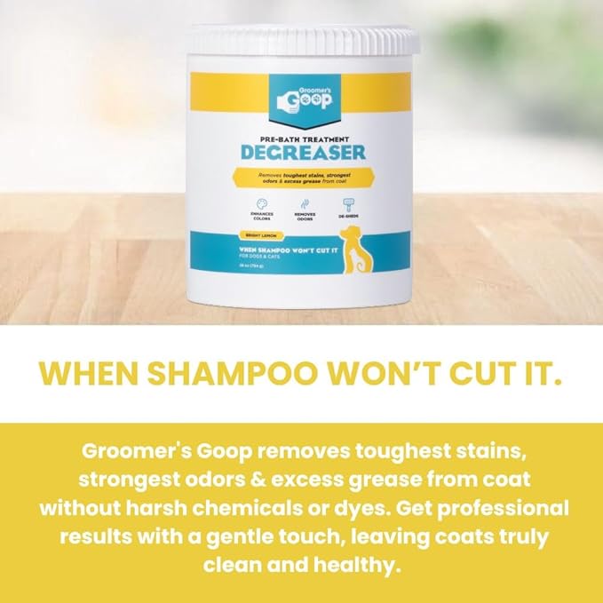Groomer’s Goop Pre-Bath Pet Degreaser Treatment - Professional Strength Formula Removes Tough Oil & Grime from Dog & Cat Coats, Conditions Skin, Dye-Free - 28 oz Can