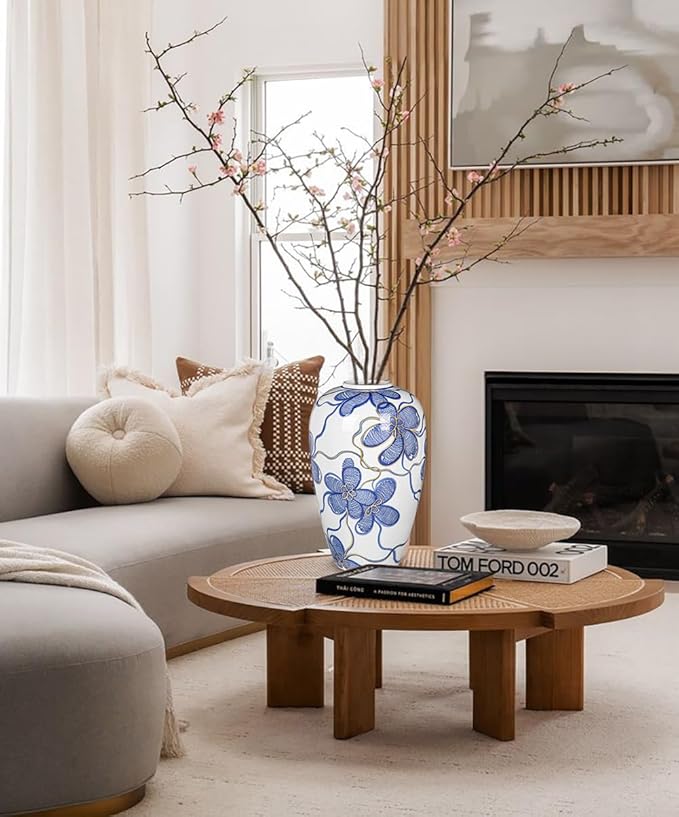 Blue and White Ceramic Vase for Home Decor – Hand-Painted Porcelain Flower Vase with Gold Accents – Chinoiserie-Inspired Home Decor Vase – 11" for Table, Shelf, or Mantel
