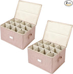 popoly Wine Glass Storage Box 2 Pack, Stemware Storage Containers Cases with Dividers, Stackable Moving Supplies for 12 Wine Glasses, Drinkware, Glassware or Crystal (Beige)