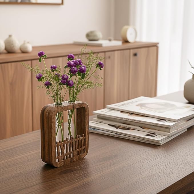 Walnut Wood Terrarium Planter - 2 Glass Test Tube Vase & Boho Plant Stand for Hydroponics, Home Office Desk Decor, Unique Housewarming Birthday Gifts for Women Plant Lovers