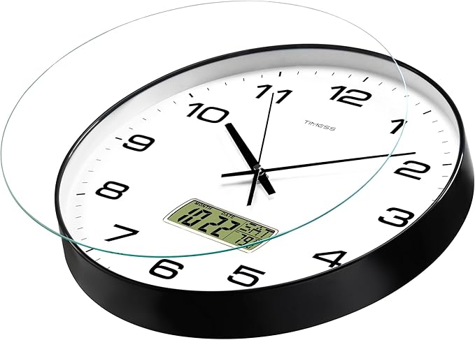 Wall Clock, 14" Large Dial Non-Ticking Silent Battery Operated Analog with LCD Display for Perpetual Calendar and F° Temperature, Ideal Modern Home, Bedroom, Office Decor (Black)