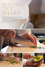 Lordelle Knife Block Set - 5 Piece Set - Black Vintage Ink - Lifestyle Home Kitchen Design - German X50 Stainless Steel - ABS Handle - Ash Wood Block - Cooking Chef Knife, Santoku, Paring, Utility