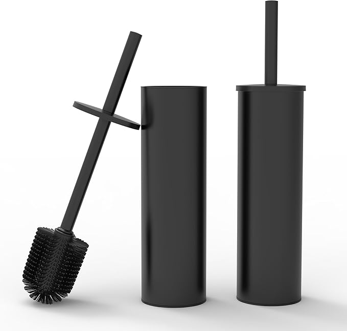 Toilet Brush and Holder Set, 2 Pack Stainless Steel Toilet Bowl Brush with Lid, Rust Proof Toilet Cleaner Brush with Caddy, Durable Bristles, Splash Proof, Ideal for Bathroom（Matte Black）
