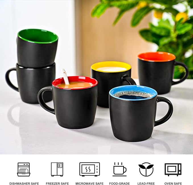 11oz ceramic Coffee Mug Sets Matte Black Porcelain Mug Multiple colors Cups for Coffee, Tea, Juice, Cocoa Set of 6 (11oz)