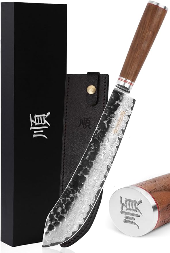YOUSUNLONG Breaking Knives 10 inch Pro Bull Nose Butcher Knife Japanese Hammered Damascus Steel Natural Walnut Wooden Handle