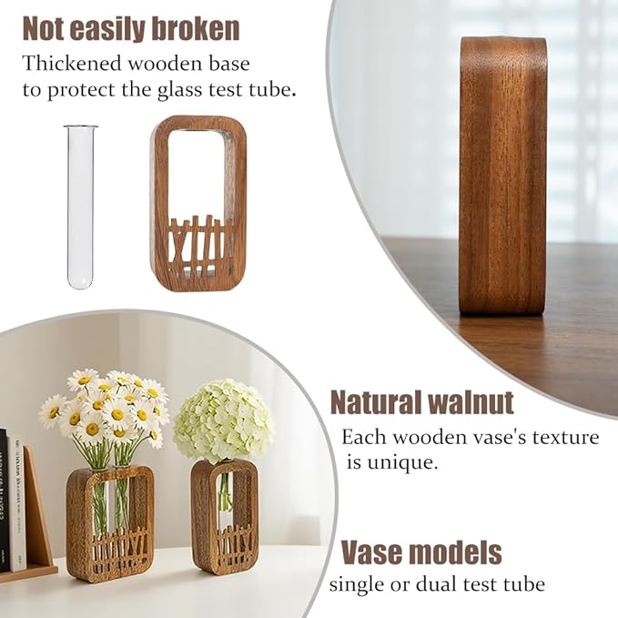 Walnut Wood Terrarium Planter - 2 Glass Test Tube Vase & Boho Plant Stand for Hydroponics, Home Office Desk Decor, Unique Housewarming Birthday Gifts for Women Plant Lovers