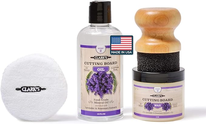 CLARK’S Cutting Board Oil and Wax Kit - Set includes Food Grade Mineral Oil (12oz), Finishing Wood Wax (6oz), Applicator Sponge & Buffing Pad, Enriched with Food Safe Lavender and Rosemary Extract