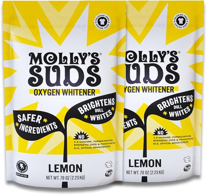 Molly's Suds Oxygen Whitener | Powerful Bleach Alternative, Chlorine Free & Color Safe | Brightens Whites and Removes Stains (Pure Lemon Essential Oil - 158 oz)