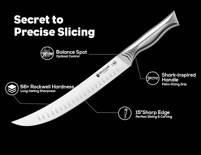 BRODARK Butcher Knife - 10" Curved Breaking Knife for Meat Cutting - High Carbon Stainless Steel, One Piece Design Scimitar Knives - NSF Certified, Shark Series