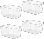 4 Pack Clear Plastic Storage Bins, 11" Large Pantry Organizer Bins with Handles, Plastic Containers for Refrigerator,BPA-Free Perfect for Kitchen,Fridge,Cabinet,Pantry,Bathroom,Closet Organization
