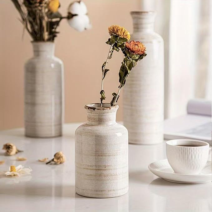 Distressed White Ceramic Vase Set of 3,Small Ceramic Vases for Home Decor,Rustic Farmhouse Vase for Flowers,Decorative Vases for Centerpieces,Table Shelf,Fireplace and Entrance