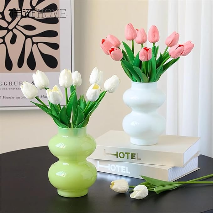 JSPYFITS Glass Hydroponic Flower Vase, Double Balls Colored Glasses Bubble Vases for Flower, 7 Inches Glass Funky Vase for Home/Office/Weddings/Party Table Décor (White)