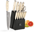 Damascus Kitchen Knife Set, 14 Pieces Kitchen Knife Set with Block, White ABS Ergonomic Handle for Chef Knife Set and Serrated Steak Knives Knife Sharpener and Kitchen Shears, Black Wooden Block