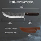Professional 7.8-inch Chef Knife, High Carbon Stainless Steel Blade for Cutting Meat, with Leather Sheath Scabbard, Ash Wood Handle, Suitable for Kitchen, Outdoor Cooking, BBQ