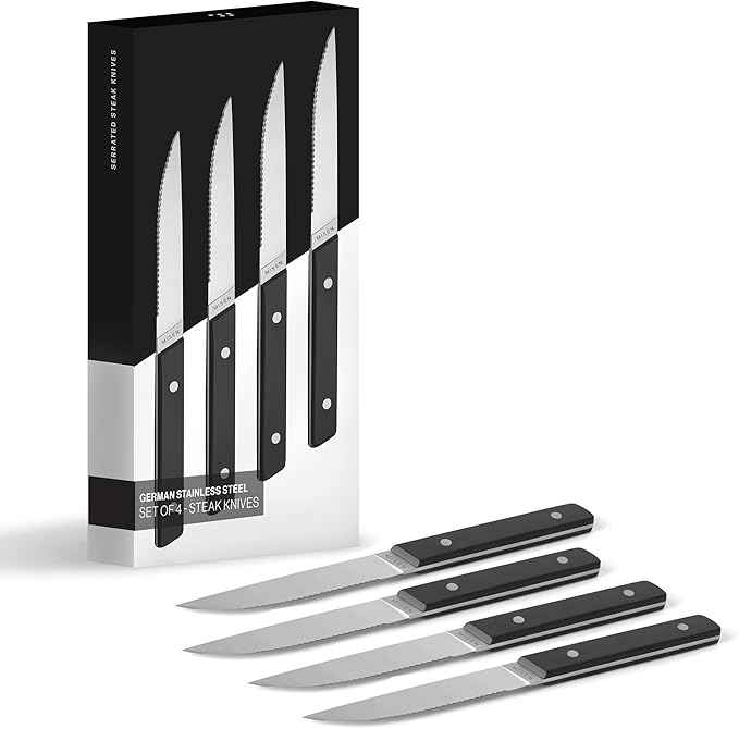 Misen Steak Knives Set of 4 - Precision Serrated Blades for Effortless Dining - Stainless Steel - Superior Cuts with Four Steak Knives Handles - Black