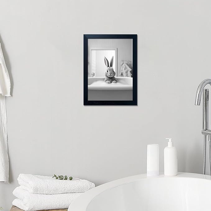 Kids Bathroom Wall Art Black and White Cute Animal Canvas Print Painting Funny Rabbit in Bathtub Bathroom Picture Wall Decor