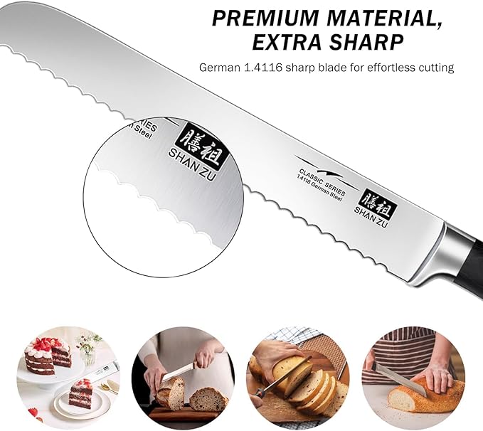 SHAN ZU 8" Bread Knife - Sourdough Slicing Knife Professional German 1.4116 Stainless Steel Serrated Blade, Ergonomic Wood Handle & Full Tang Design, Gift Box Included(Single-Edge)