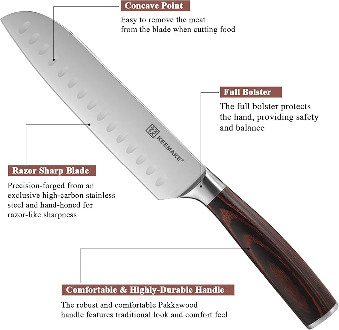 KEEMAKE Santoku Knife Set of 3pcs, Japanese Chef Knife Sets with German High Carbon Stainless Steel 1.4116 Kitchen Knives, Pakkawood Handle Cutting Knives