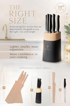 Lordelle Knife Block Set - 5 Piece Set - Black Vintage Ink - Lifestyle Home Kitchen Design - German X50 Stainless Steel - ABS Handle - Ash Wood Block - Cooking Chef Knife, Santoku, Paring, Utility