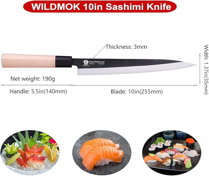 WILDMOK Sashimi Knife 10 Inch - Perfect Yanagiba Knife For Cutting Sushi, Fish Filleting & Slicing - German Steel Blade & Traditional Wooden Handle