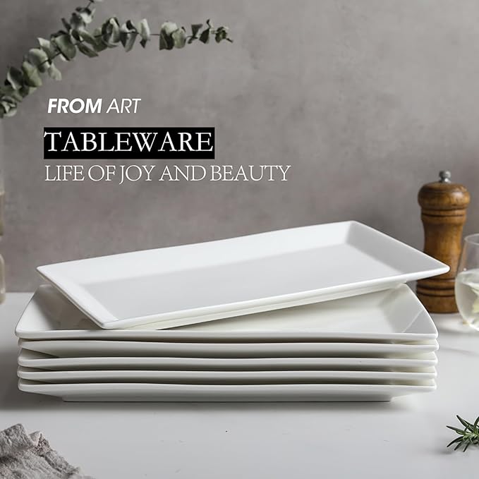 Rectangular Serving Platters Set, 12 Inch Large Ceramic Serving Plates, Stackable Serving Tray, Porcelain White Serving Platter for Appetizer, Sushi, Dessert, Snacks, Steak, Dishwasher Safe (4PCS)