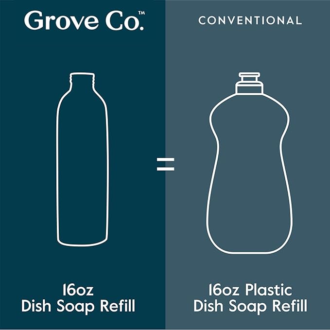 Grove Co. Ultimate Dish Soap Refills (3 x 16 Fl Oz) + Refillable Glass Dish Soap Dispenser for Kitchen Sink with Non-Slip Silicone Sleeve, Plastic Free Cleaning Products, Orange & Rosemary