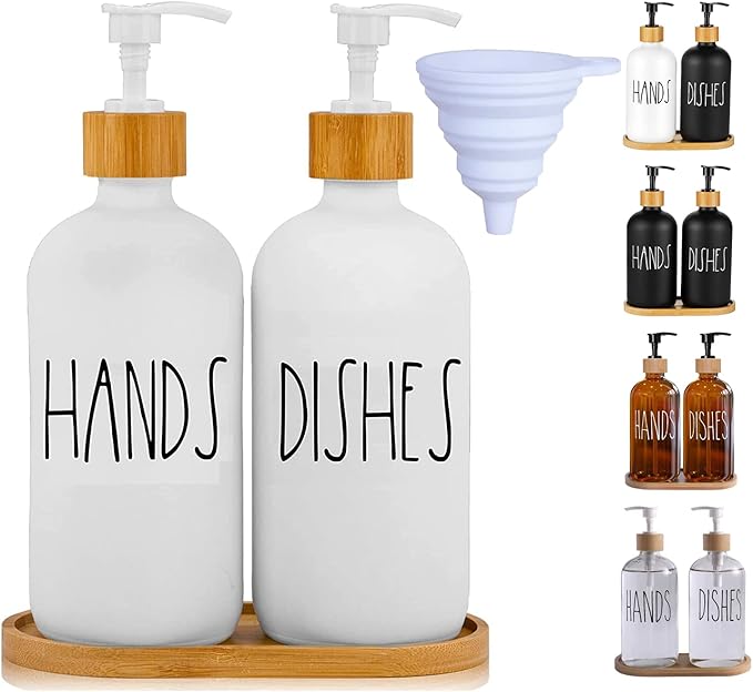 Glass Soap Dispenser Set with Tray, Contains Glass Hand Soap Dispenser and Glass Dish Soap Dispenser. Matte White soap Dispenser Suitable for The Kitchen Soap Dispenser, Rustic Kitchen Decor
