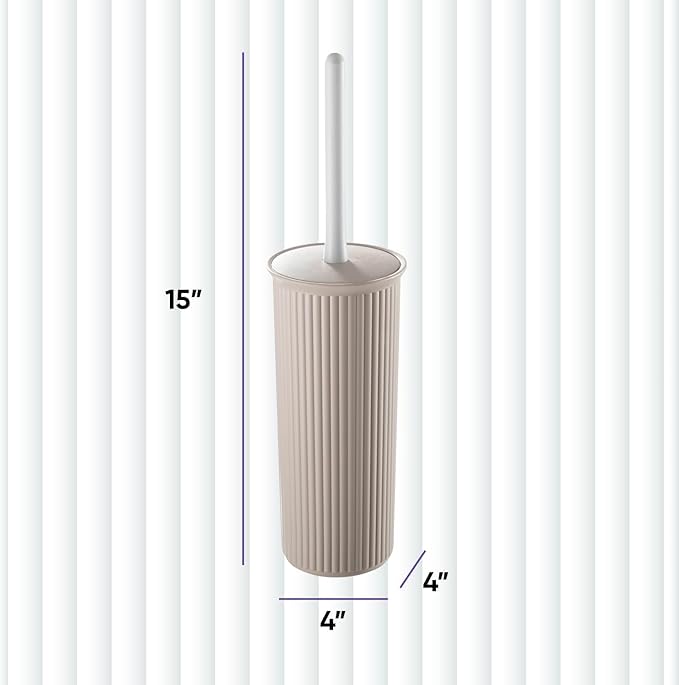 Superio Ribbed Collection - Decorative Plastic Toilet Bowl Brush and Holder Set, Taupe (1 Pack) Cleaner Scrubber for Bathroom