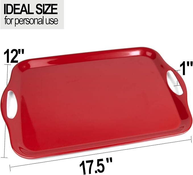 17.5 x 12’’ Large Melamine Serving Tray with Handles, Set of 2 Rectangular Melamine Serving Platters, Dishwasher Safe Trays for Eating, Appetizer, Charcuterie, Snack, Fruits, Desserts, Red
