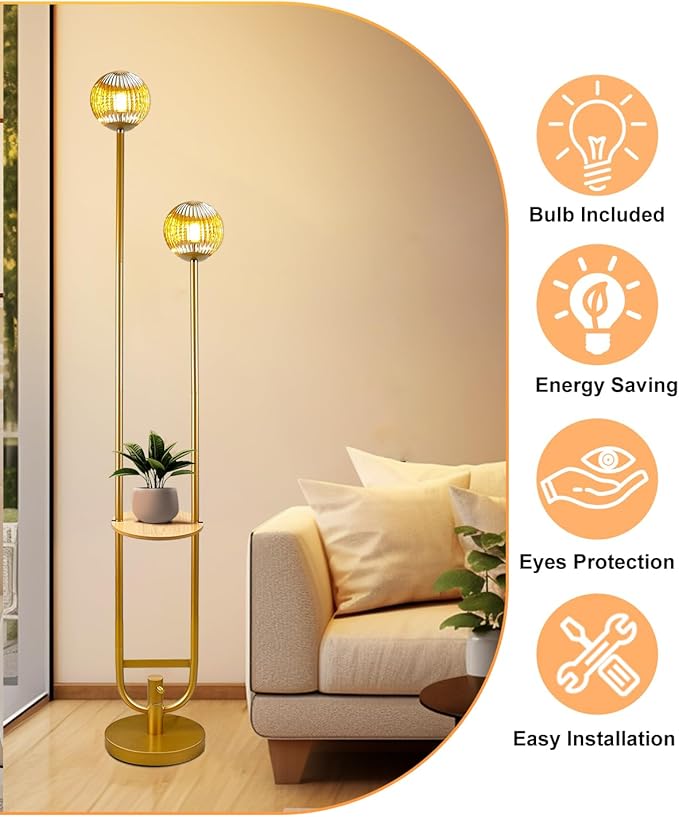Lightdot Glass Floor Lamp with Tray, 2Pcs 3000K Soft Warm White Bulbs Included, Mid Century Modern Standing Lamps, Gold Dimmable Globe Floor Lamp for Living Room/Wedding/Party