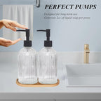 Glass Hand and Dish Soap Dispenser Set of 2 with Plastic Pumps, Bamboo Tray, 13.5oz Clear Bathroom Soap Dispenser with Vertical Stripe for Hand Wash & Dish Wash, Ideal for Bathroom Kitchen Countertop