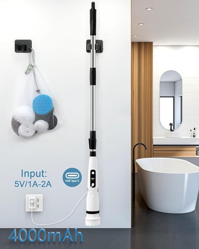 IEZFIX Electric Spin Scrubber, Bathroom Power Shower Scrubber Cleaning Brush for Tub/Tile/Floor/Toilet/Kitchen, 8 Cleaner Scrub Brush Heads, 3 Speeds 450RPM Max, Telescopic Rod Black