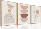 Bwodke Framed Boho Canvas Wall Art Large Mid Century Modern Prints Set of 3 Neutral Geometric Line Leaf Paintings Decor Minimalist Abstract Pictures Bedroom Living Room Bathroom