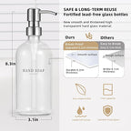 Glass Soap Dispenser - Dish Soap Dispenser for Kitchen, Hand Soap Dispenser Set, Bathroom Soap Dispenser with 304 Rust Proof Pump, Soap Dispenser for Kitchen with Tray, Clear Bottle/Silver Pump