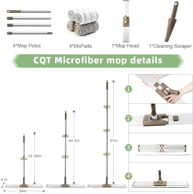 CQT Commercial Flat Microfiber Floor Mop Cleaning System 24" Inch Wet Dry and Dust Hardwood with 4 Washable Pads Cleaner for Laminate Tile Stainless Steel Handle and Extension (PT14 Brown)