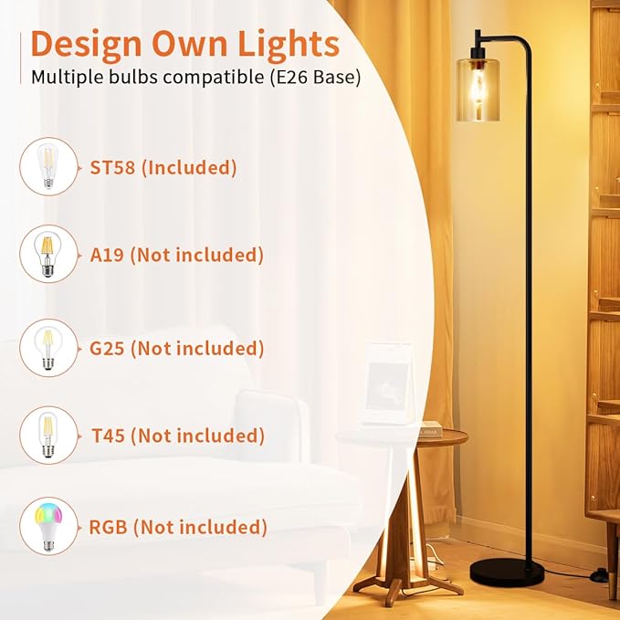 Floor Lamps for Living Room - Standing Lamp with Amber Glass Shade, Modern Floor Lamp with LED Bulbs, Industrial Floor Lamp for Bedroom, Black Tall Lamp for Office(Light Bulb Included)