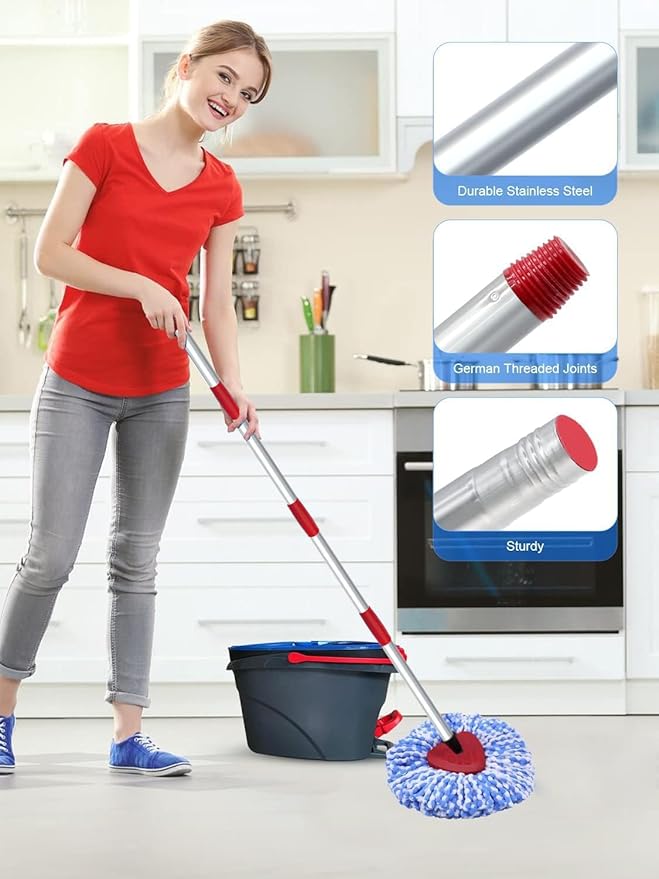 Small Spin Mop Replace Head Compatible with O-Cedar RinseClean 2 Tank, Mop Replacement Head Handle Base, 2 Microfiber Head Refills+1 Stick(30-58") +1 Base Combo Set (Blue)