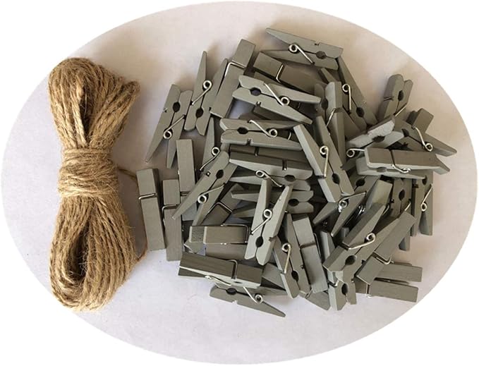 DurReus Wooden Clothespins for Pictures Travel Clothes Pin Home Decor Accessories with Jute Twine Gray Pack 50